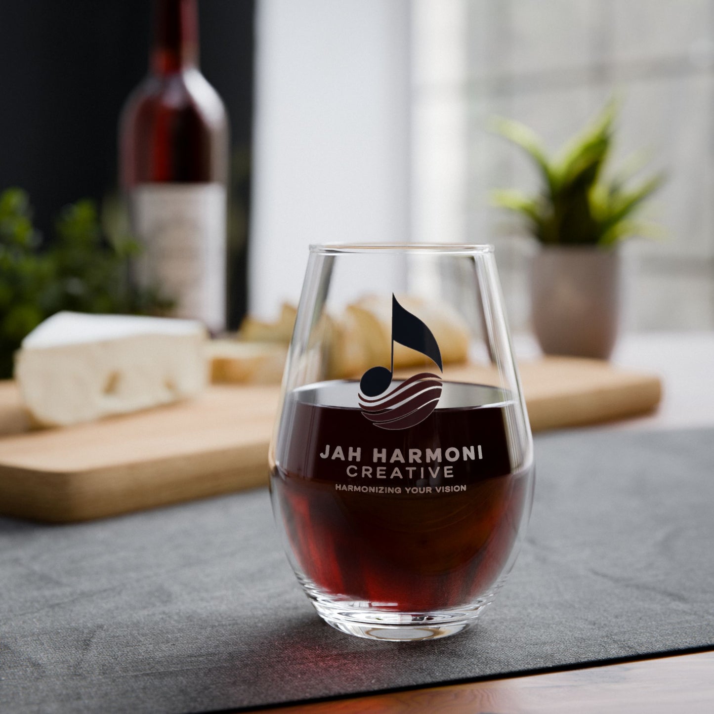 Personalized Jah Harmoni Stemless Wine Glass with Musical Logo — 11.75 oz