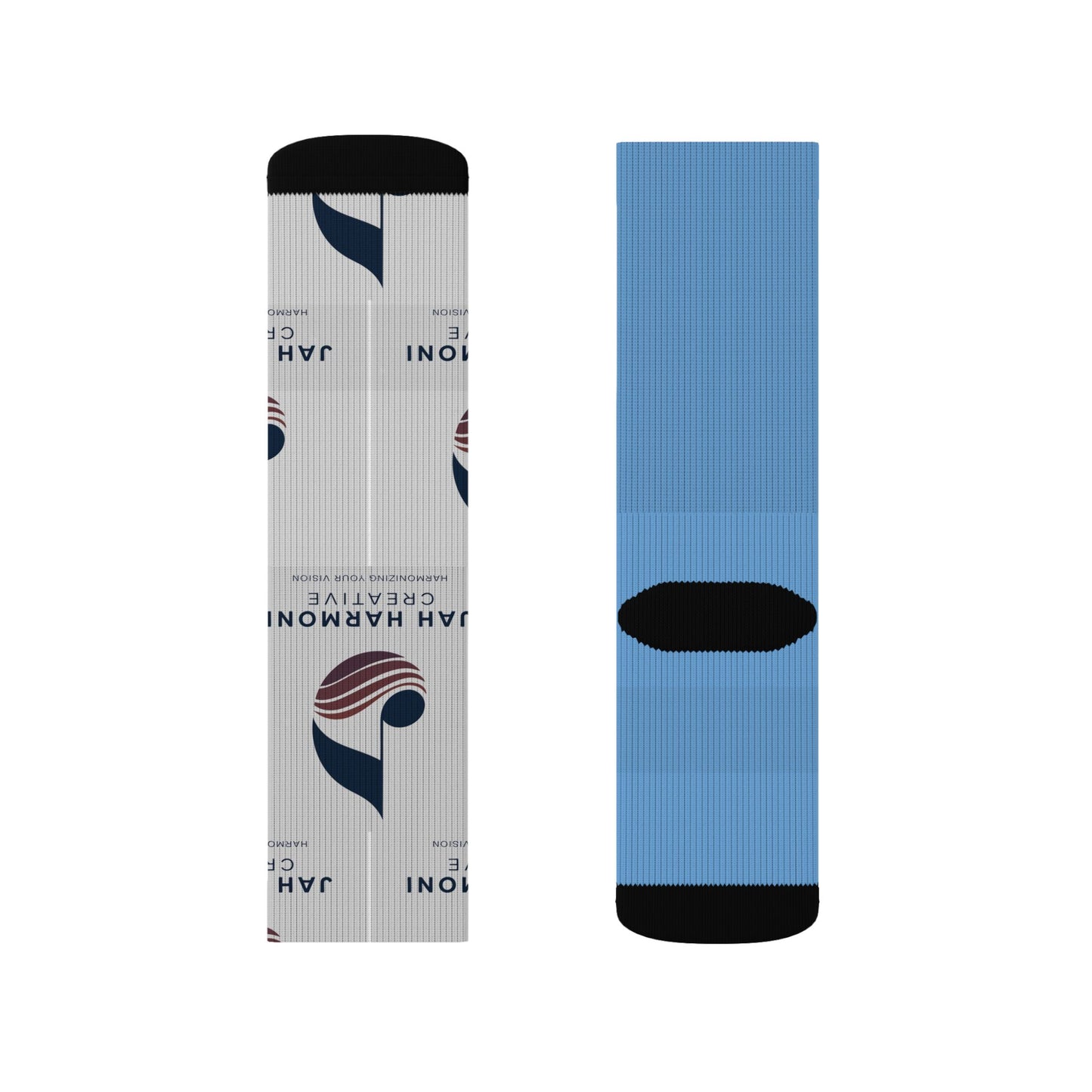 Custom Logo Sublimation Crew Socks — Jah Harmoni Blue Branded Promotional Socks