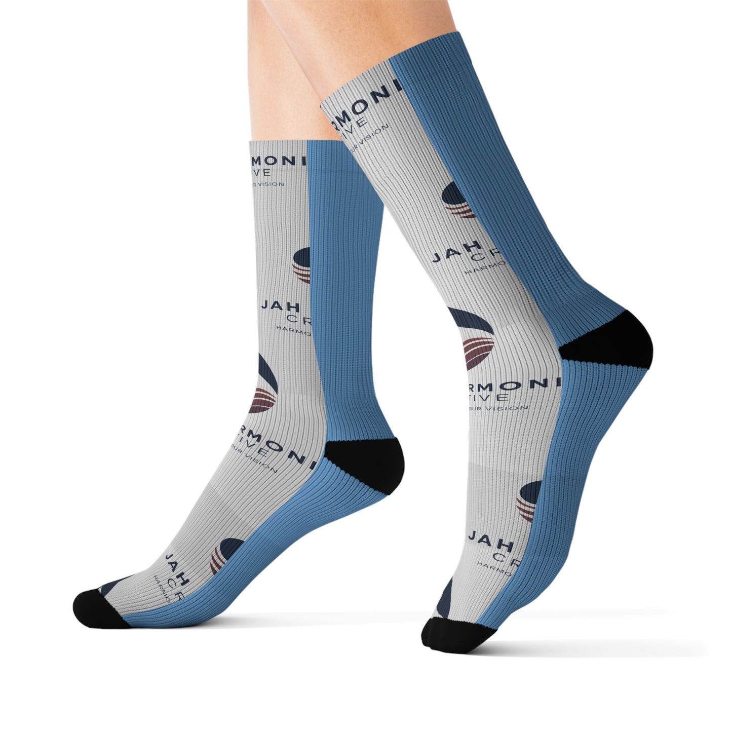 Custom Logo Sublimation Crew Socks — Jah Harmoni Blue Branded Promotional Socks