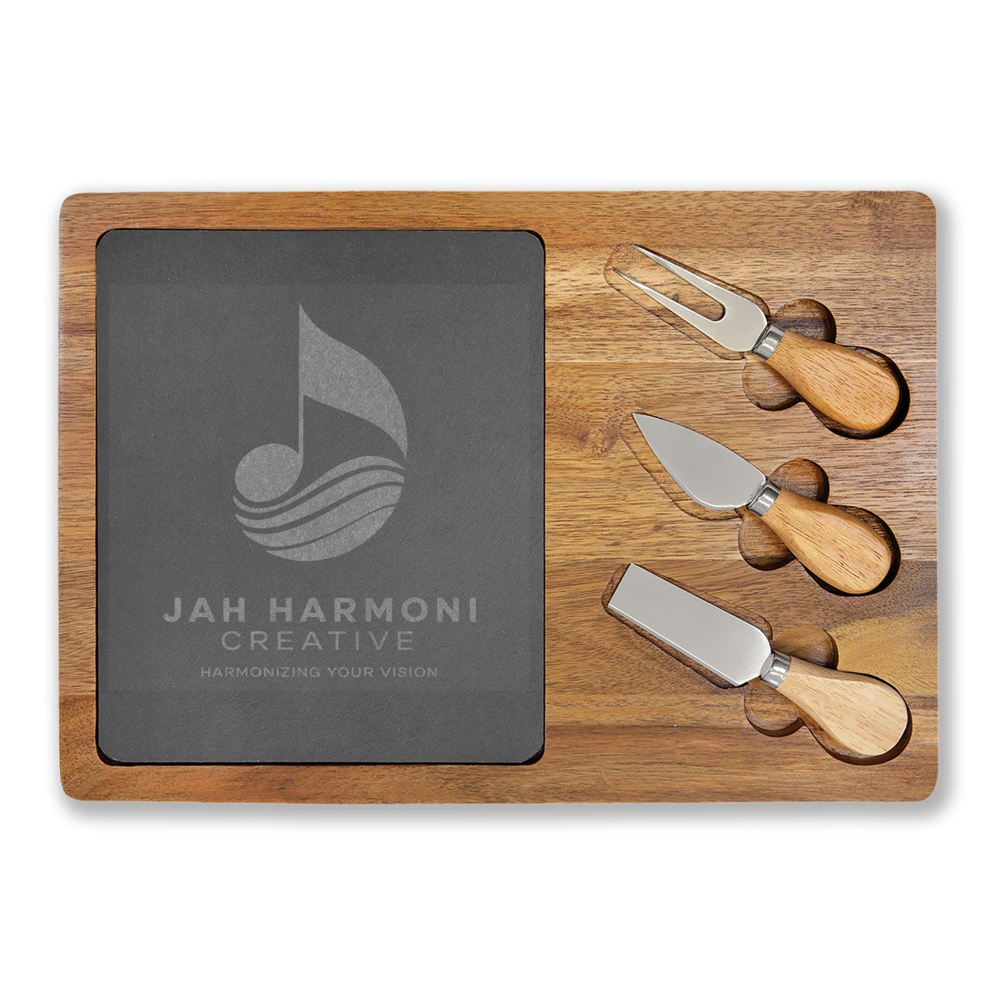 Engraved Acacia Charcuterie Board with Slate Insert & Cheese Tools