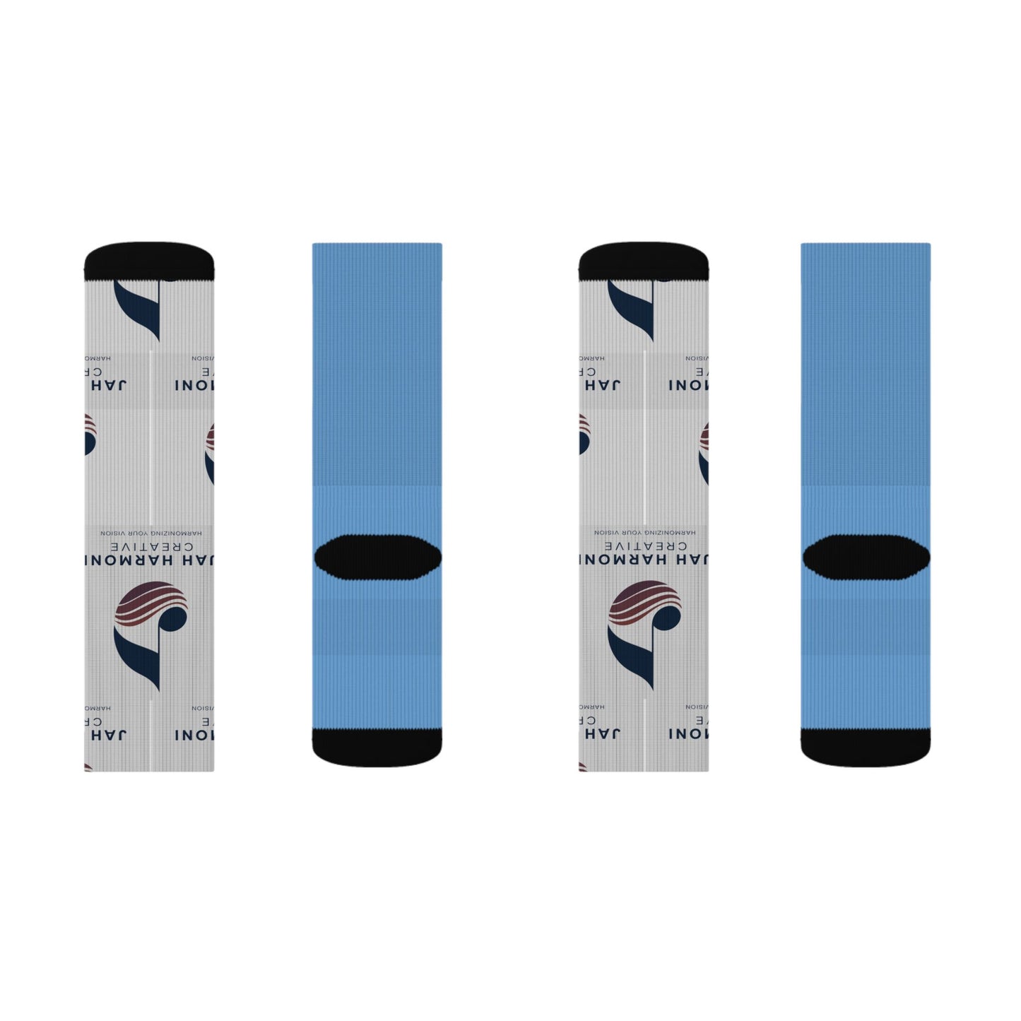 Custom Logo Sublimation Crew Socks — Jah Harmoni Blue Branded Promotional Socks