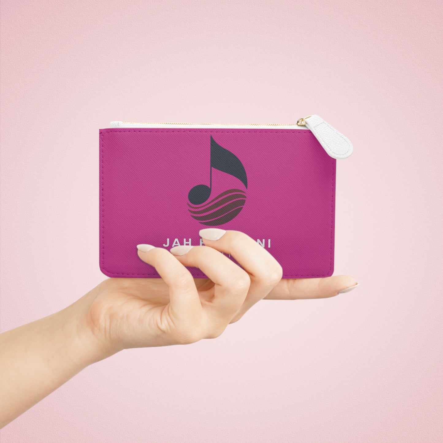 Mini Clutch Bag — Pink Logo Wristlet with 'Jah Harmoni Creative' Music Note Design