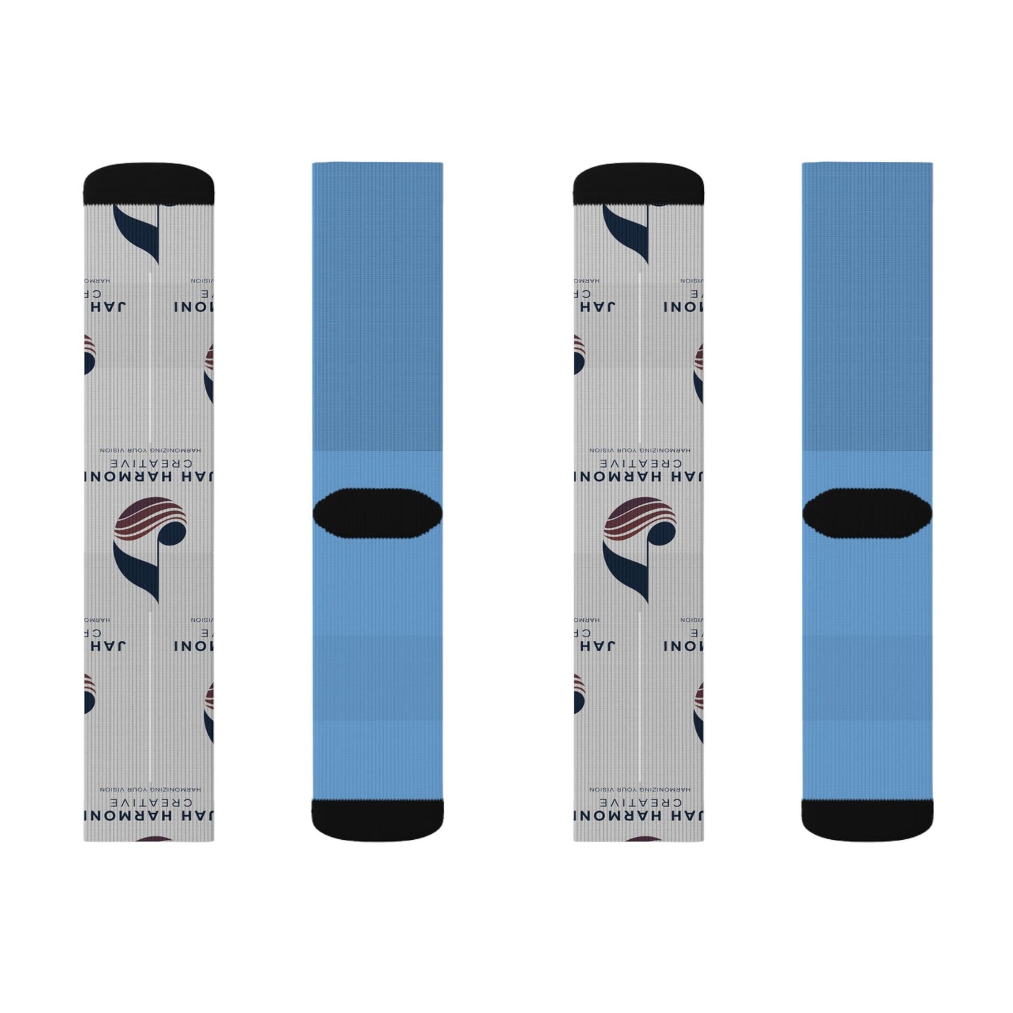 Custom Logo Sublimation Crew Socks — Jah Harmoni Blue Branded Promotional Socks