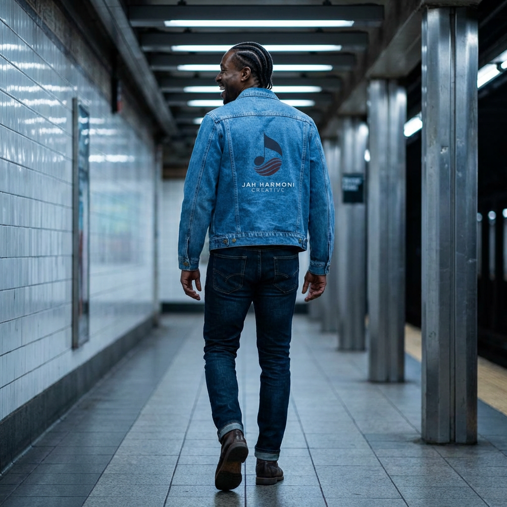 Men's Denim Jacket with Minimalist Abstract Back Print
