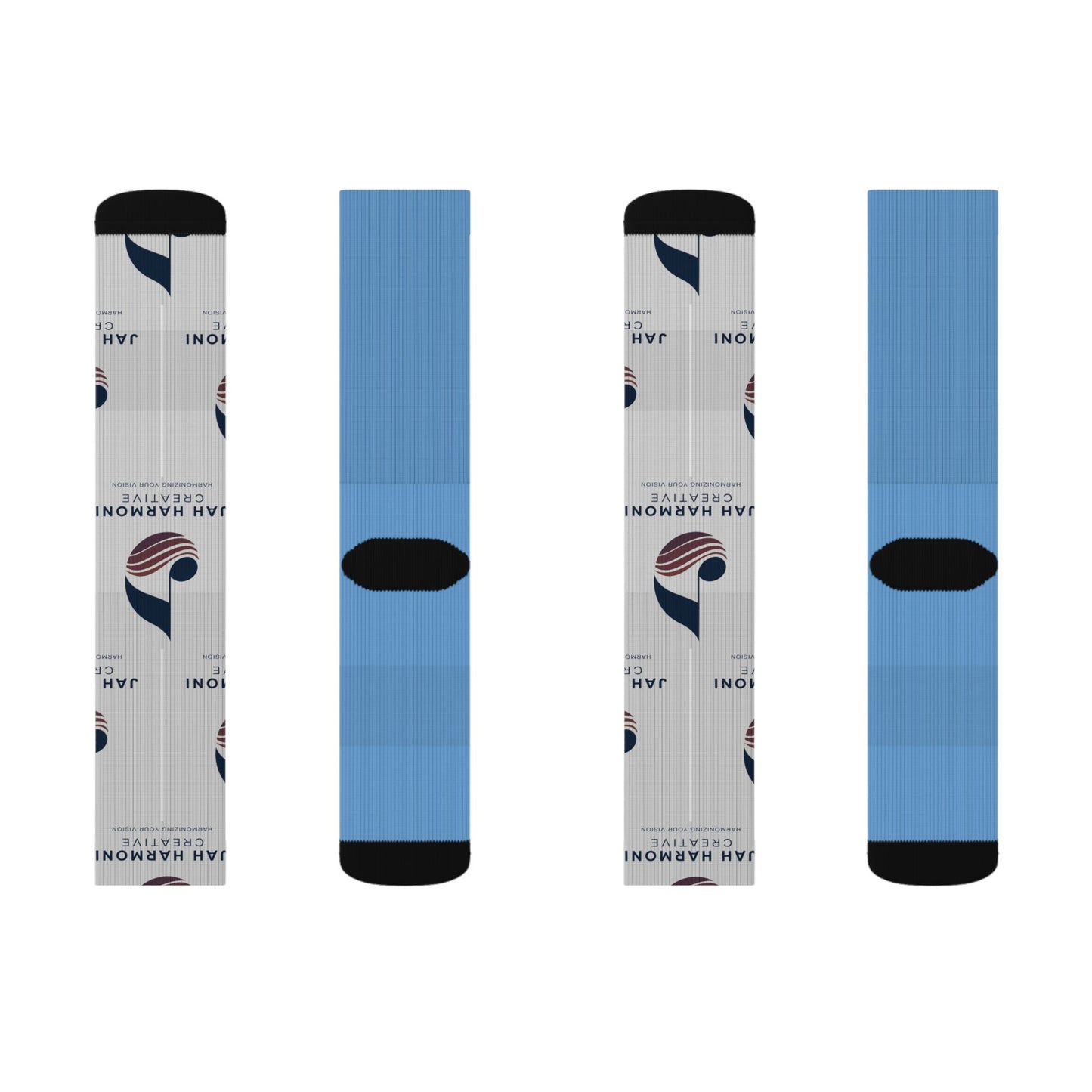 Custom Logo Sublimation Crew Socks — Jah Harmoni Blue Branded Promotional Socks