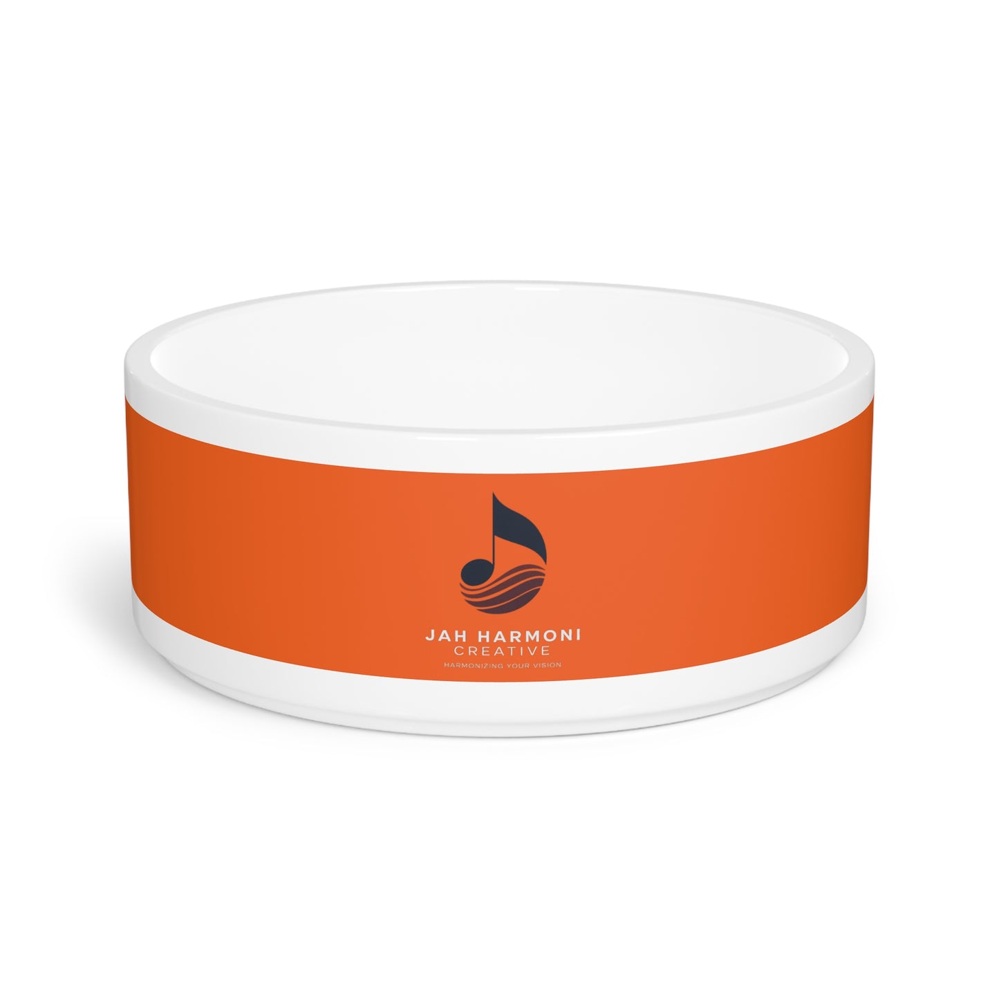 Orange Stripe Pet Bowl with 'Jah Harmoni Creative' Logo
