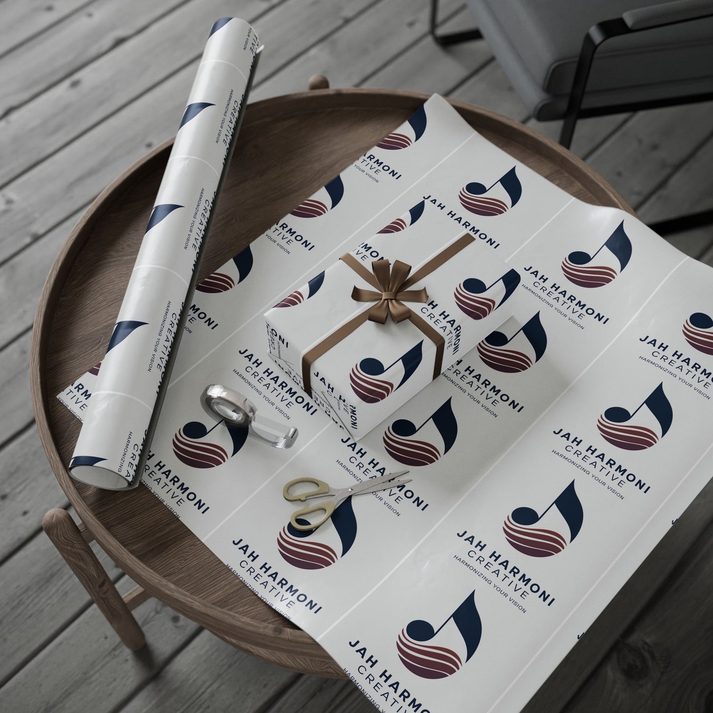 Wrapping Paper Roll — Minimal Navy Wave Pattern with "Harmony! Creative" Text