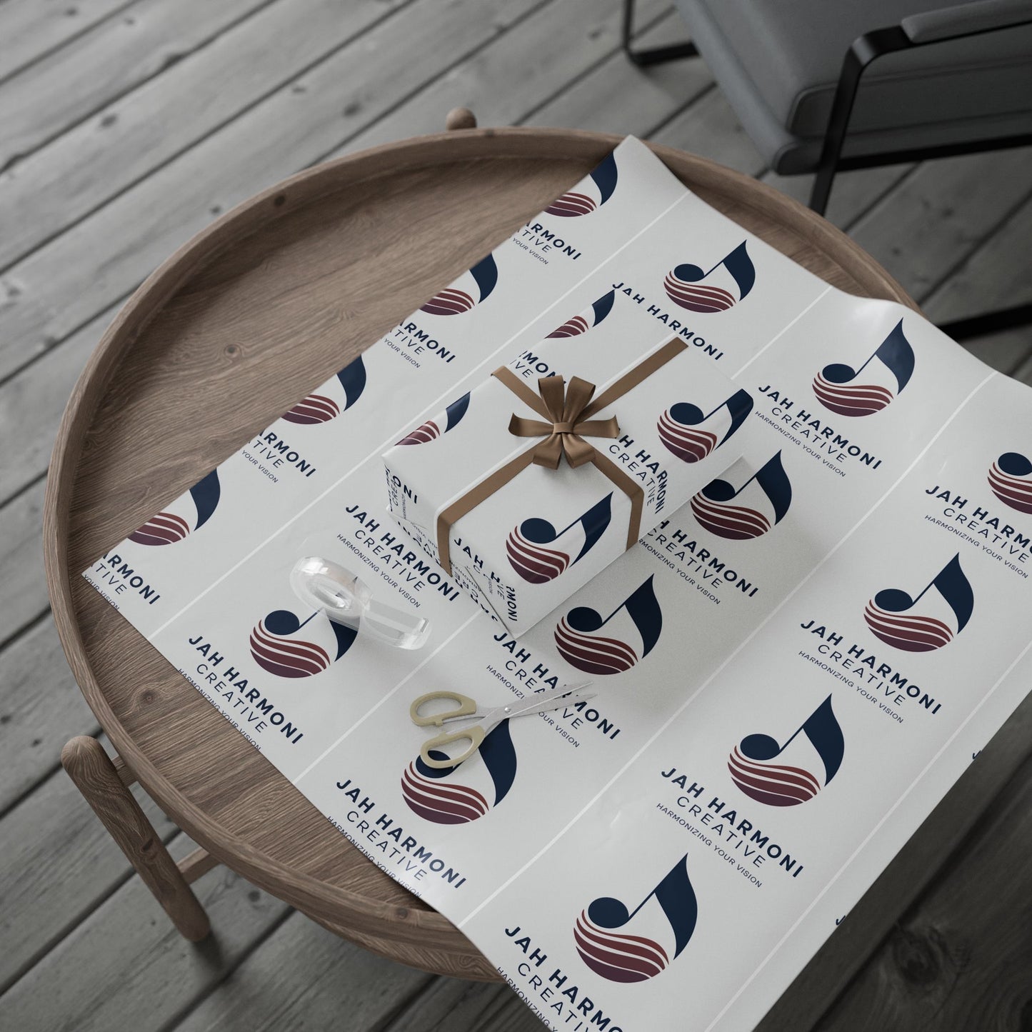 Wrapping Paper Roll — Minimal Navy Wave Pattern with "Harmony! Creative" Text