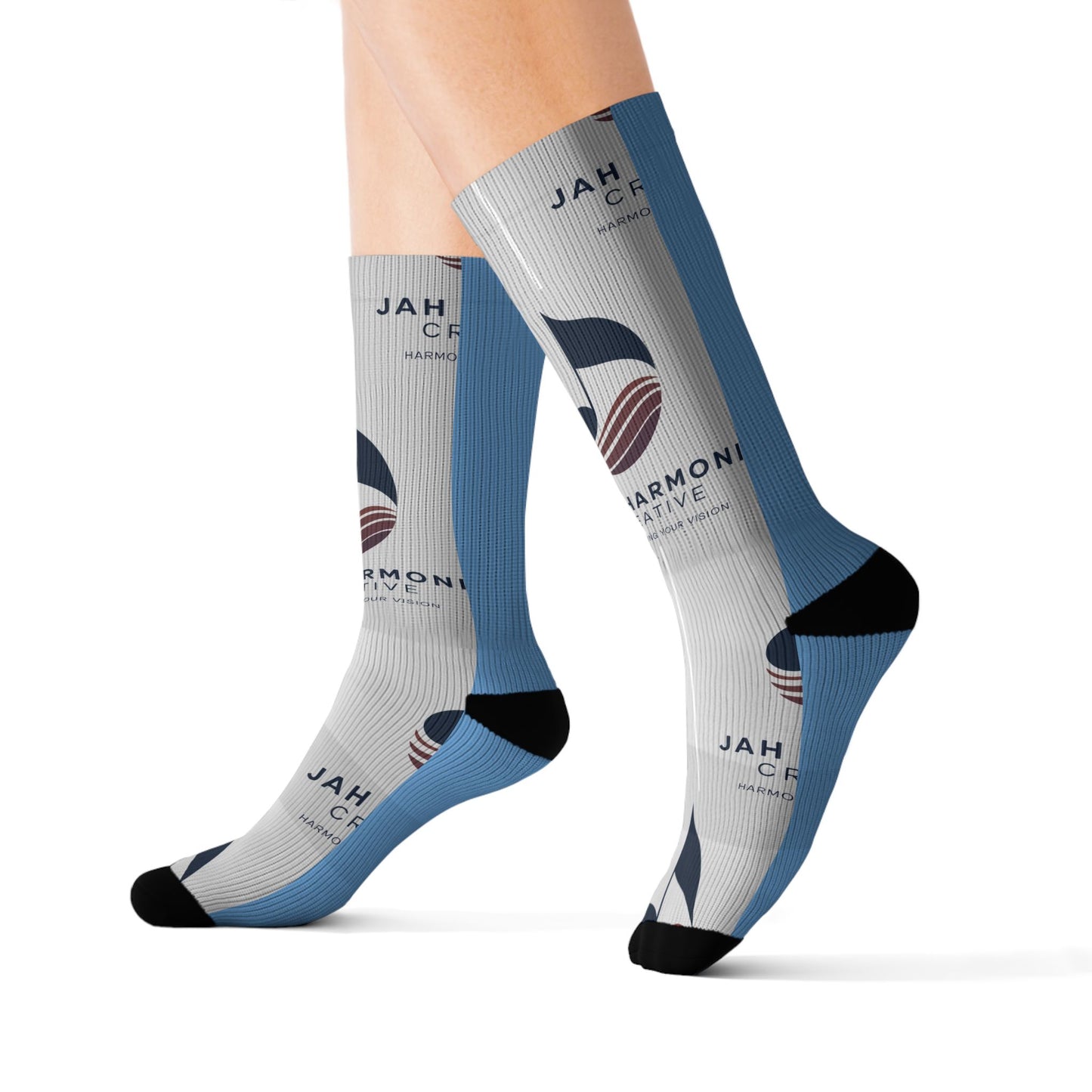 Custom Logo Sublimation Crew Socks — Jah Harmoni Blue Branded Promotional Socks