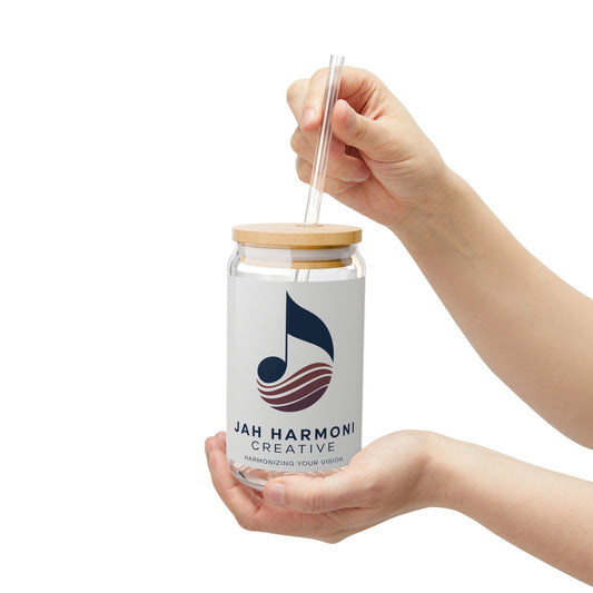 16oz Glass Sipper with Bamboo Lid — Jah Harmoni Creative Logo
