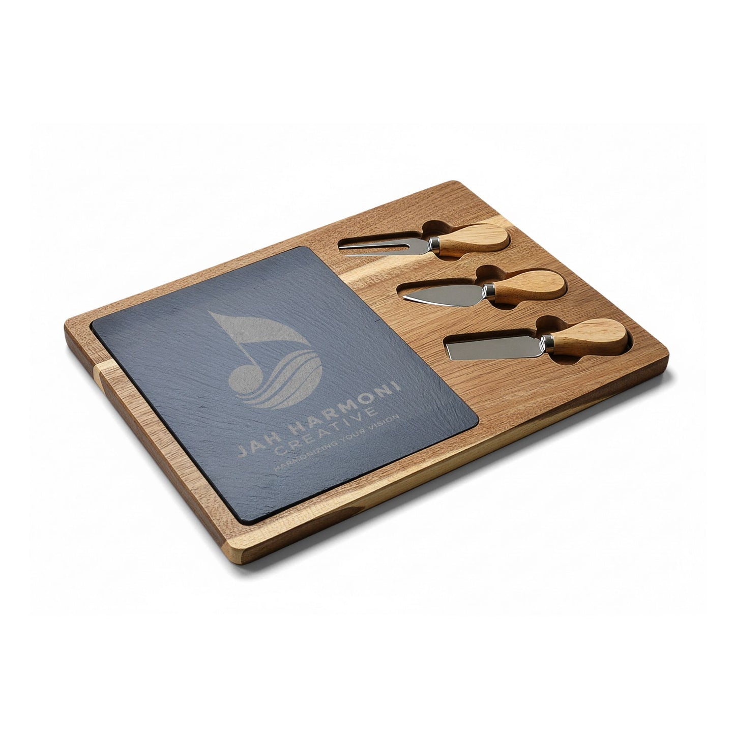Engraved Acacia Charcuterie Board with Slate Insert & Cheese Tools
